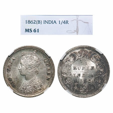 Victoria Queen, Silver, 1/4 Rupee, 1862, Bombay Mint, A/I. F. Prid 377. GK 377. NGC Slabbe
