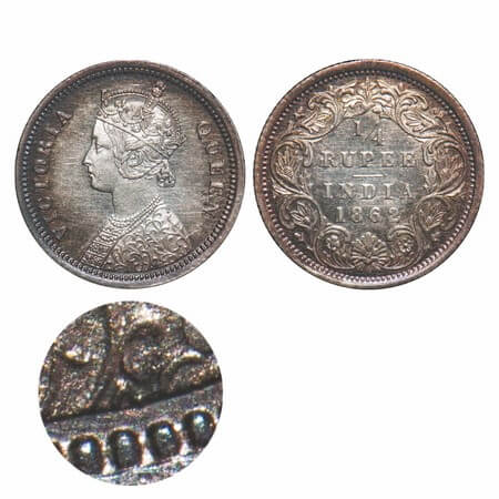 Victoria Queen, Silver, 1/4 Rupee, 1862, Madras Mint, A/I, Queens jabot has 4 complete pan