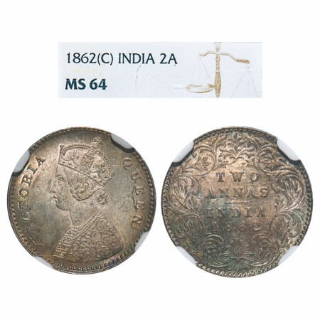 Victoria Queen, Silver, 2 Annas, 1862, Calcutta Mint, A/I, Bottom flower centre top petal 