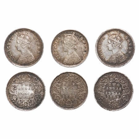 Victoria Queen, Silver, 2 Annas, (3 coins), 1862, 1) Bombay Mint, A/I, Bottom flower top 3