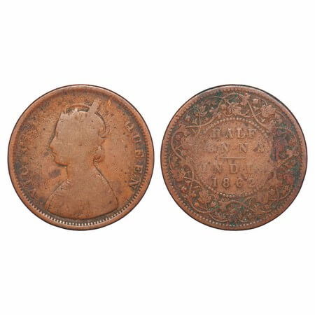 Victoria Queen, Copper, Half Anna, 1862, Calcutta Mint, A/II, Pineapple like flower buds,