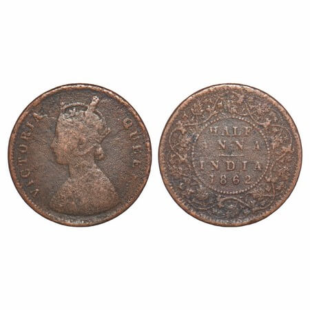 Victoria Queen, Copper, Half Anna, 1862, Calcutta Mint, B/II, Pineapple like flower buds, 