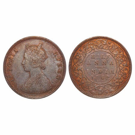 Victoria Queen, Copper, Half Anna, 1862, Calcutta Mint, B/II, Pineapple like fower buds, N