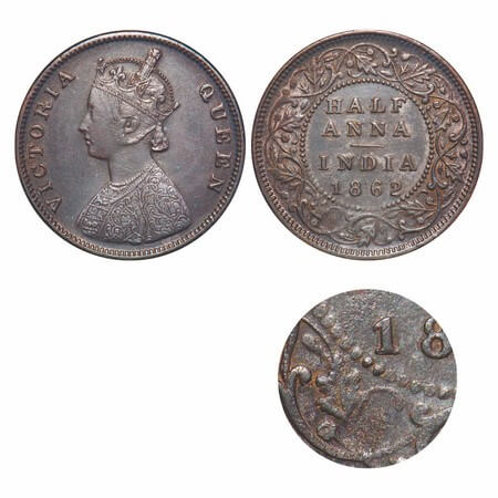 Victoria Queen, Copper, Half Anna, 1862, Madras Mint, A/I(i), flowers with 5 dots around a
