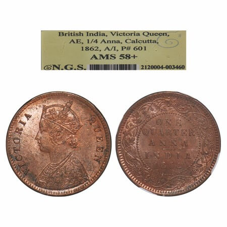 Victoria Queen, Copper, Quarter Anna, 1862, Calcutta Mint, No mint mark, A1/I, Tiny 'V' ra