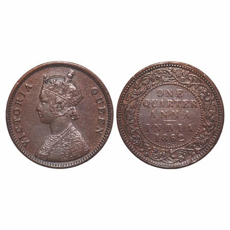 Victoria Queen, Copper, Quarter Anna, 1862, Bombay Mint, A/I, Dot, Tint 'V' incused, Dot b