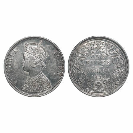 Victoria Queen, Silver, Rupee, 1874, Bombay Mint, C1/II, No dot, Normal numeral 4. F. Prid