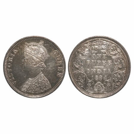 Victoria Queen, Silver, Rupee, 1874, Bombay Mint, C1/II, No dot, Normal numeral 4. F. Prid
