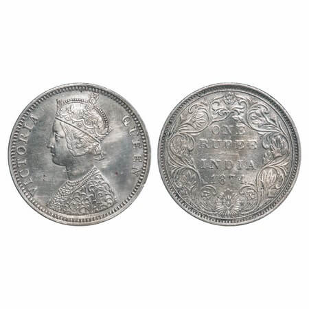 Victoria Queen, Silver, Rupee, 1874, Bombay Mint, C1/II, No dot, Broken numeral 4. F. Prid