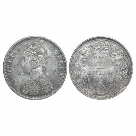 Victoria Queen, Silver, Rupee, 1874, Bombay Mint, A2/II, No dot, Broken numeral 4. F. Prid