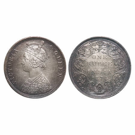 Victoria Queen, Silver, Rupee, 1874, Bombay Mint, A2/II, No dot, Broken numeral 4, numeral