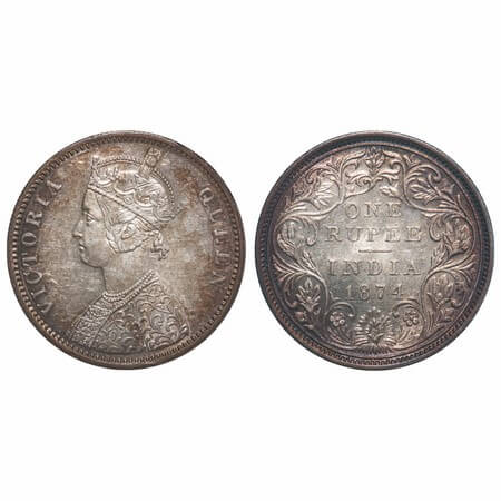 Victoria Queen, Silver, Rupee, 1874, Bombay Mint, A2/II, No dot, Re engraved numeral 4. F.
