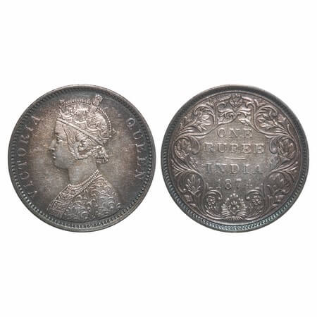 Victoria Queen, Silver, Rupee, 1874, Bombay Mint, A2/II, Dot, Dot above tip of bottom flow
