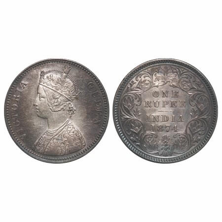 Victoria Queen, Silver, Rupee, 1874, Calcutta Mint, A1/I, No mint mark. F. Prid 112. GK 41