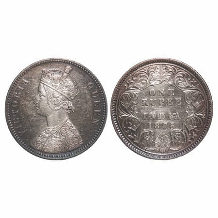 Victoria Queen, Silver, Rupee, 1875, Calcutta Mint, A1/I, No mint mark, Top stroke of nume