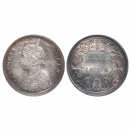 Victoria Queen, Silver, Rupee, 1876, Calcautta Mint, A1/I, No mint mark. F. Prid 114. GK 4