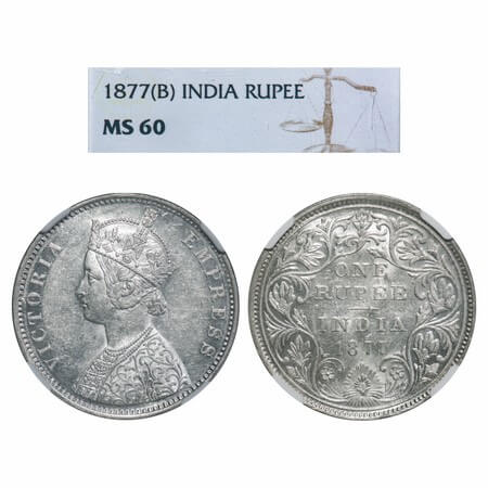 Victoria Empress, Silver, Rupee, 1877, Bombay Mint, A2/II, Dot. F. Prid 149. GK 435. NGC S