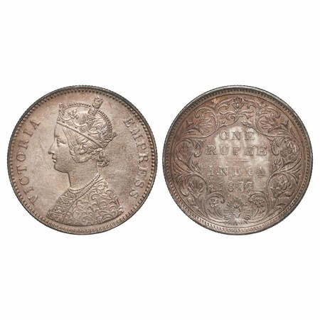 Victoria Empress, Silver, Rupee, 1877, Bombay Mint, A3/II, Dot. F. Prid Unlisted. GK 437. 