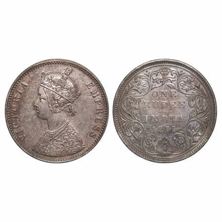 Victoria Empress, Silver, Rupee, 1877, Bombay Mint, A3/II, Dot. F. Prid Unlisted. GK 437. 