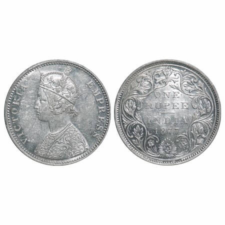 Victoria Empress, Silver, Rupee, 1877, Bombay Mint, A3/II, Dot. F. Prid Unlisted. GK 437. 