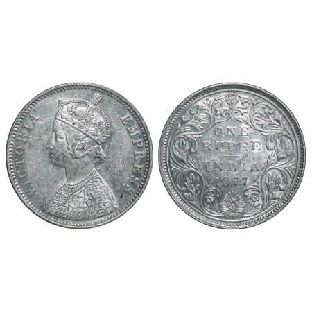 Victoria Empress, Silver, Rupee, 1877, Bombay Mint, A3/II, Dot. F. Prid Unlisted. GK 437.