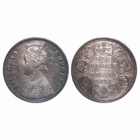 Victoria Empress, Silver, Rupee, 1877, Bombay Mint, A3/II(i), Dot, Thin numeral 77. F. Pri