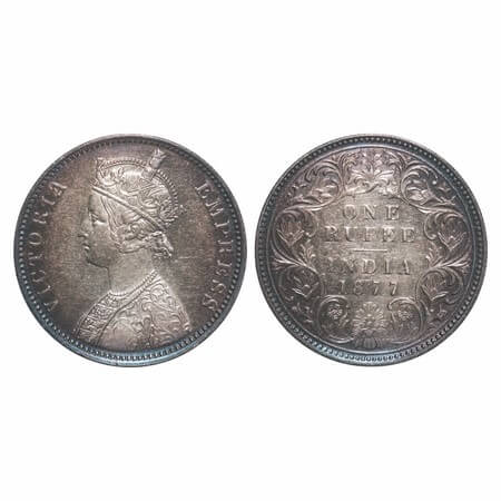Victoria Empress, Silver, Rupee, 1877, Bombay Mint, A3/I, Dot. F. Prid 150. GK 444. Almost