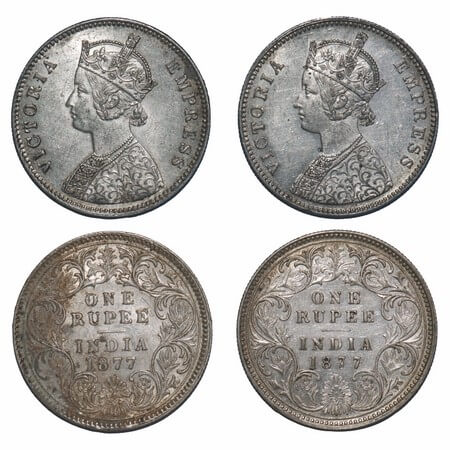 Victoria Empress, Silver, Rupee, (2 coins), 1877, 1) Bombay Mint, A3/I, Dot, 2) Calcutta M