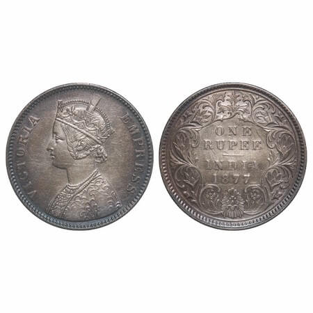 Victoria Empress, Silver, Rupee, 1877, Calcautta Mint, A1/I, No mint mark, Thin numeral 77