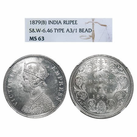 Victoria Empress, Silver, Rupee, 1879, Bombay Mint, A3/I, Dot. F. Prid 154. GK 460. NGC Sl