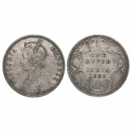 Victoria Empress, Silver, Rupee, 1880, Calcutta Mint, A1/I, 'C' incused. F. Prid 118. GK 4