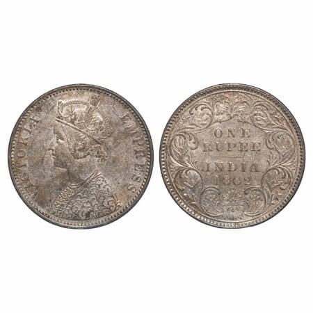 Victoria Empress, Silver, Rupee, 1882, Bombay Mint, A3/I, Dot. F. Prid 160. GK 474. Almost