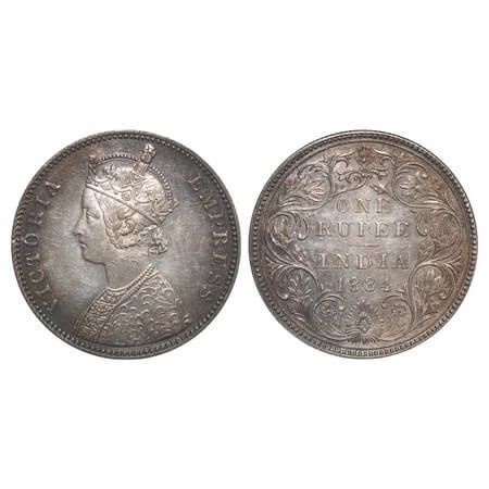 Victoria Empress, Silver, Rupee, 1884, Bombay Mint, A3/II(i), 'B' raised (bottom). F. Prid