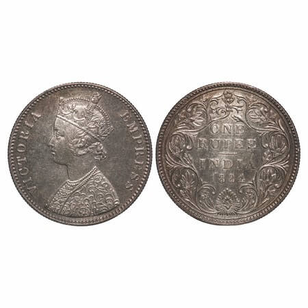 Victoria Empress, Silver, Rupee, 1884, Bombay Mint, A3/II(i), Bottom 'B' raised. F. Prid 1