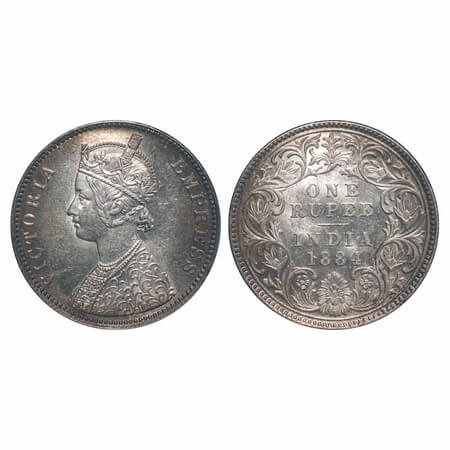 Victoria Empress, Silver, Rupee, 1884, Bombay Mint, A3/I, 'B' raised. F. Prid 167. GK 489.