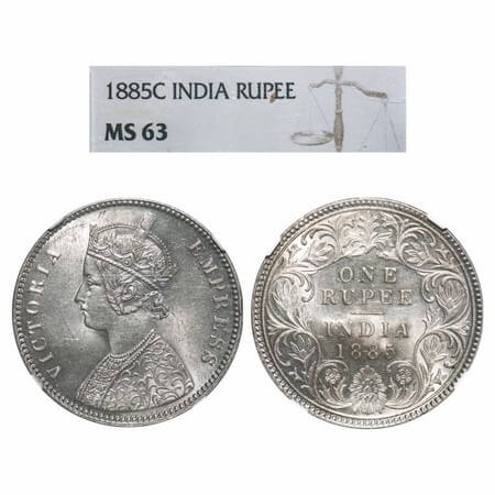 Victoria Empress, Silver, Rupee, 1885, Calcutta Mint, A1/I, 'C' incused, Top stroke of num