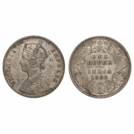 Victoria Empress, Silver, Rupee, 1885, Calcutta Mint, A1/I, 'C' incused, Top stroke of num
