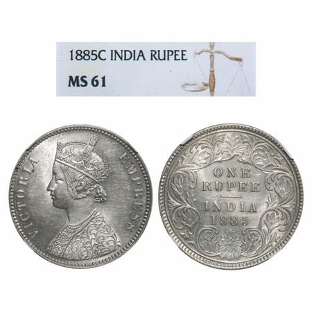 Victoria Empress, Silver, Rupee, 1885, Calcutta Mint, A1/I, 'C' incused, Top stroke of num