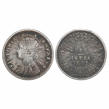 Victoria Empress, Silver, 1/4 Rupee, 1887, Error, Sun Burst. Rare.
