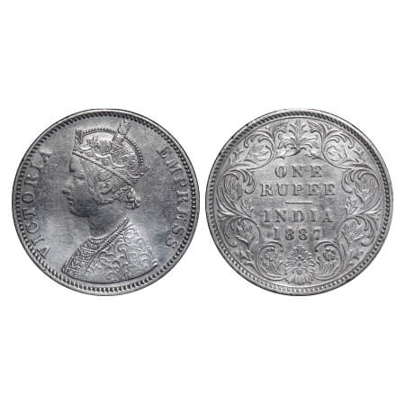 Victoria Empress, Silver, Rupee, 1887, Bombay Mint, C2/I, 'B' incused. F. Prid 173. GK 541