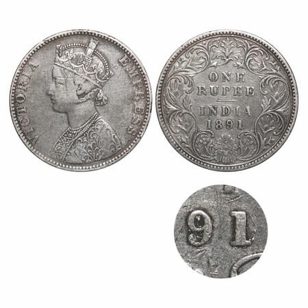Victoria Empress, Silver, Rupee, 1891, Bombay Mint, C2/II, 'B' incused, Traces of numeral