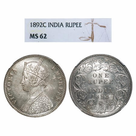 Victoria Empress, Silver, Rupee, 1892, Calcutta Mint, C3/I, 'C' incused. F. Prid 133. GK 5