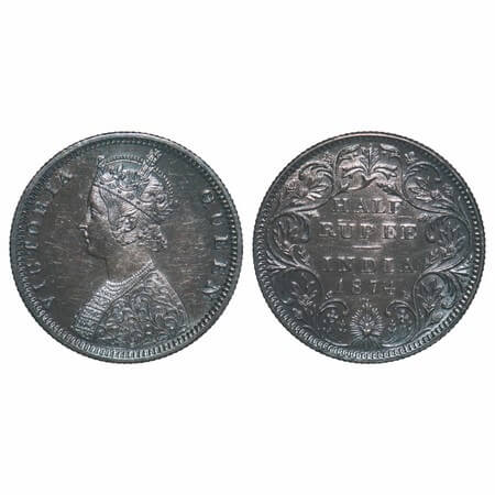 Victoria Queen, Silver, Half Rupee, 1874, Bombay Mint, B1/II, Dot, The Queens jabot has 4 
