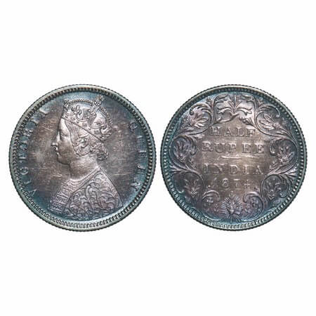 Victoria Queen, Silver, Half Rupee, 1874, Bombay Mint, B2/II, Dot, The bust has a shortene
