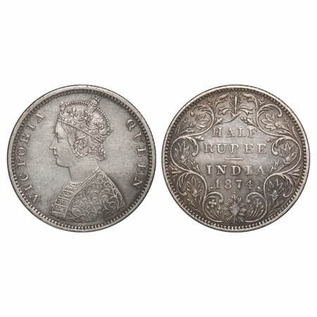 Victoria Queen, Silver, Half Rupee, 1874, Bombay Mint, B2/II, Dot, The bust has a shortene