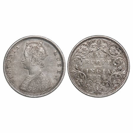 Victoria Queen, Silver, Half Rupee, 1874, Bombay Mint, B2/II, Dot, The bust has a shortene