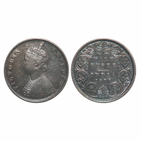 Victoria Empress, Silver, Half Rupee, 1877, Calcutta Mint, A/I, No mint mark. F. Prid 261.