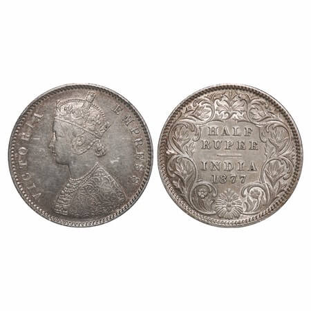 Victoria Empress, Silver, Half Rupee, 1877, Calcutta Mint, A/I, No mint mark. F. Prid 261.