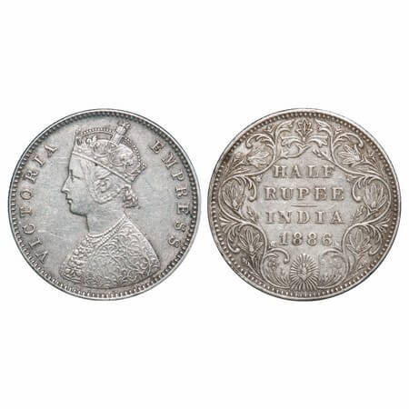 Victoria Empress, Silver, Half Rupee, 1886, Bombay Mint, A/II(i), 'B' raised. F. Prid 295.