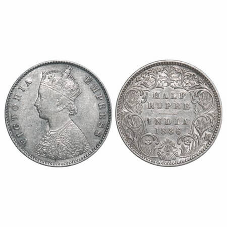 Victoria Empress, Silver, Half Rupee, 1886, Calcutta Mint, A/I, 'C' incused. F. Prid 270. 